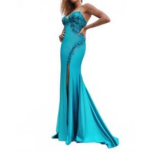 NEW FAVIANA unique beaded satin gown in peacock